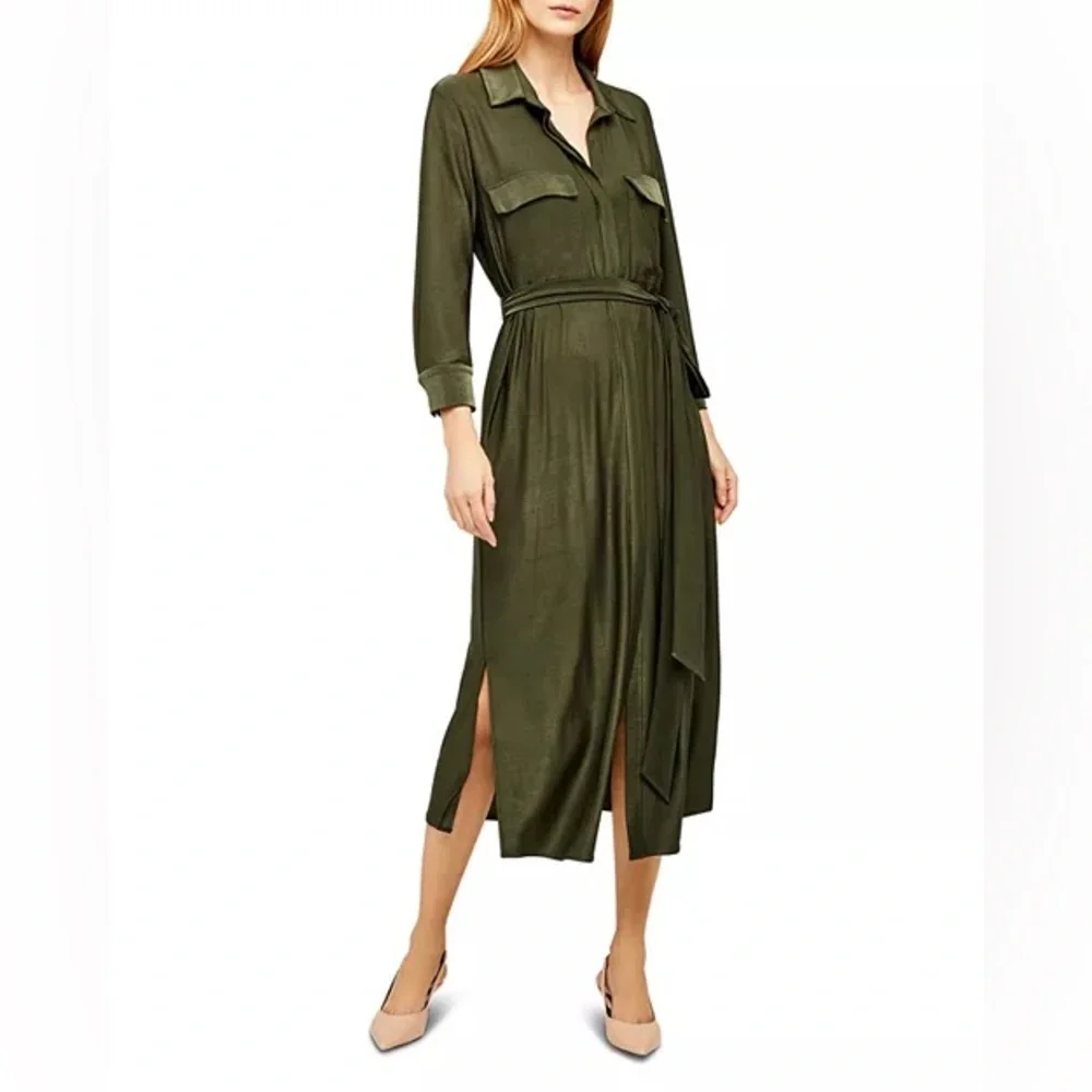 olive green business dress Elyressa Women's Elegant French Style Olive Green Long Sleeve Shirt Dress,Autumn Office Business Commute Fashion Vintage Gold Button Decor A-Line Silhouette